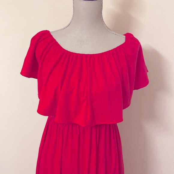 WOMENS OFF THE SHOULDER RUFFLE DRESS Size med SIDE SPLIT MAXI DRESS WITH POCKETS - Picture 2 of 14